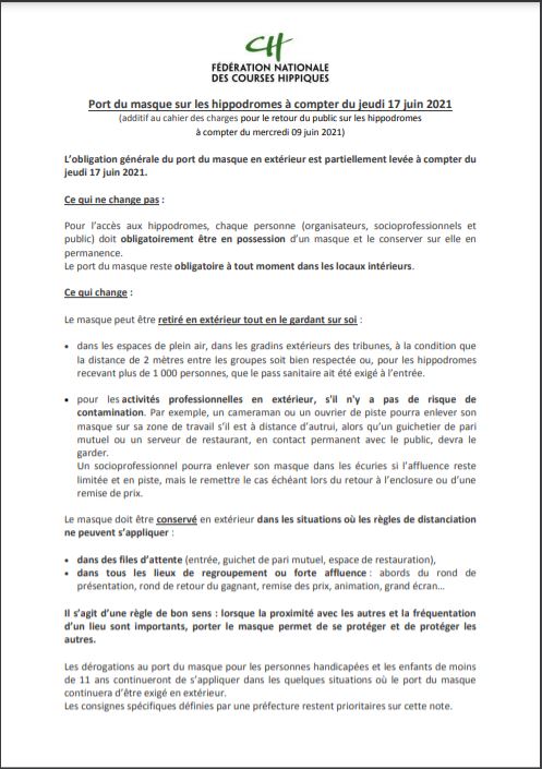 Port du masque sur les hippodromes à compter du jeudi 17 juin 2021